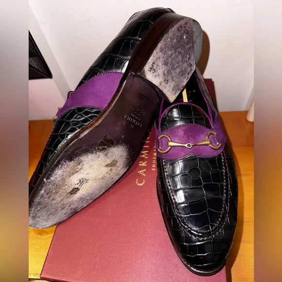 Carmina Horsebit loafers Black Alligator With Purple suede 